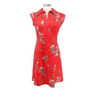 Vintage 70s Red Floral Print Polyester V-Neck Short Sleeve Sheath Dress Size S